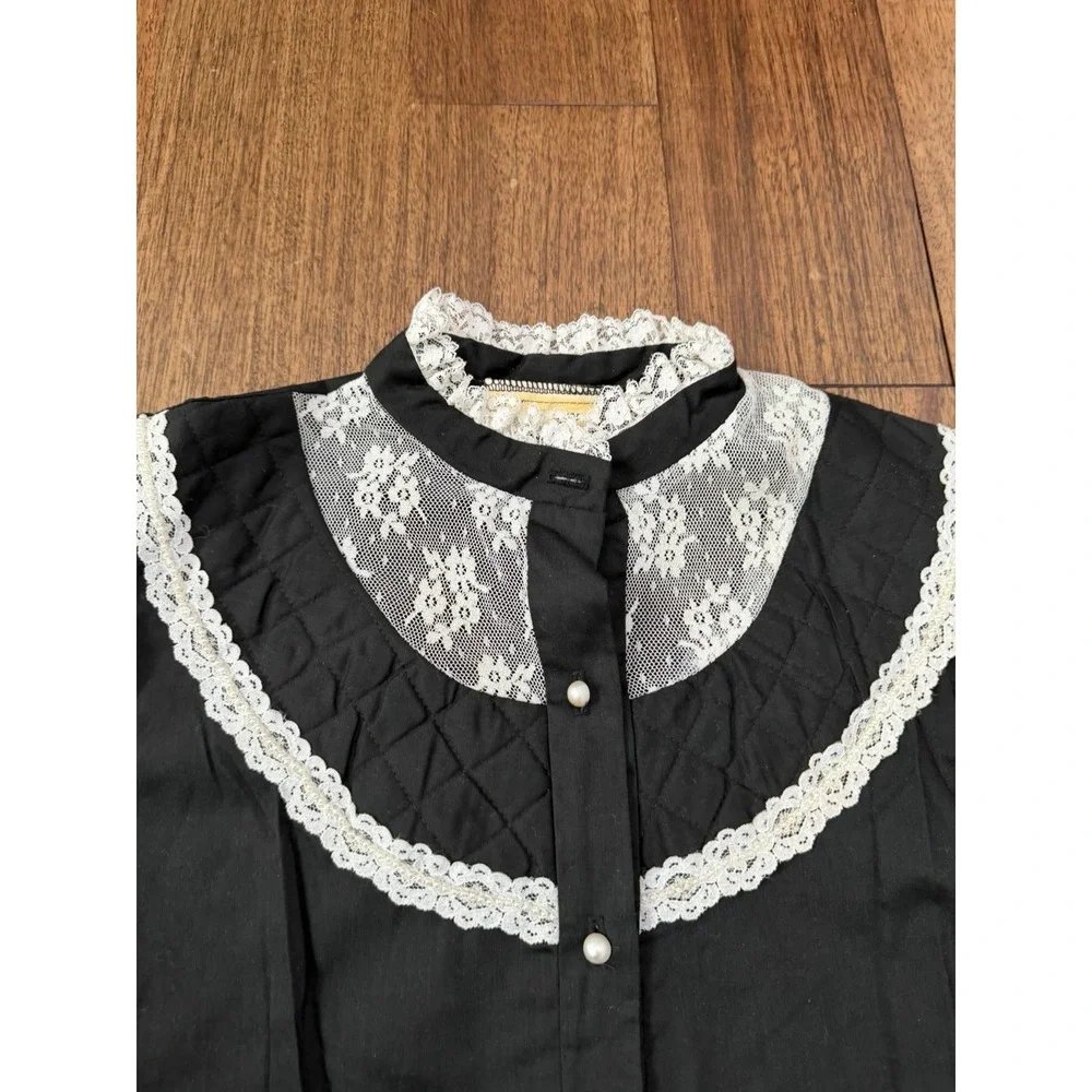 Vintage 70s Jeri Bee Black Prairie Shirt Lace Western Rockabilly Hippie Small - Picture 2 of 6